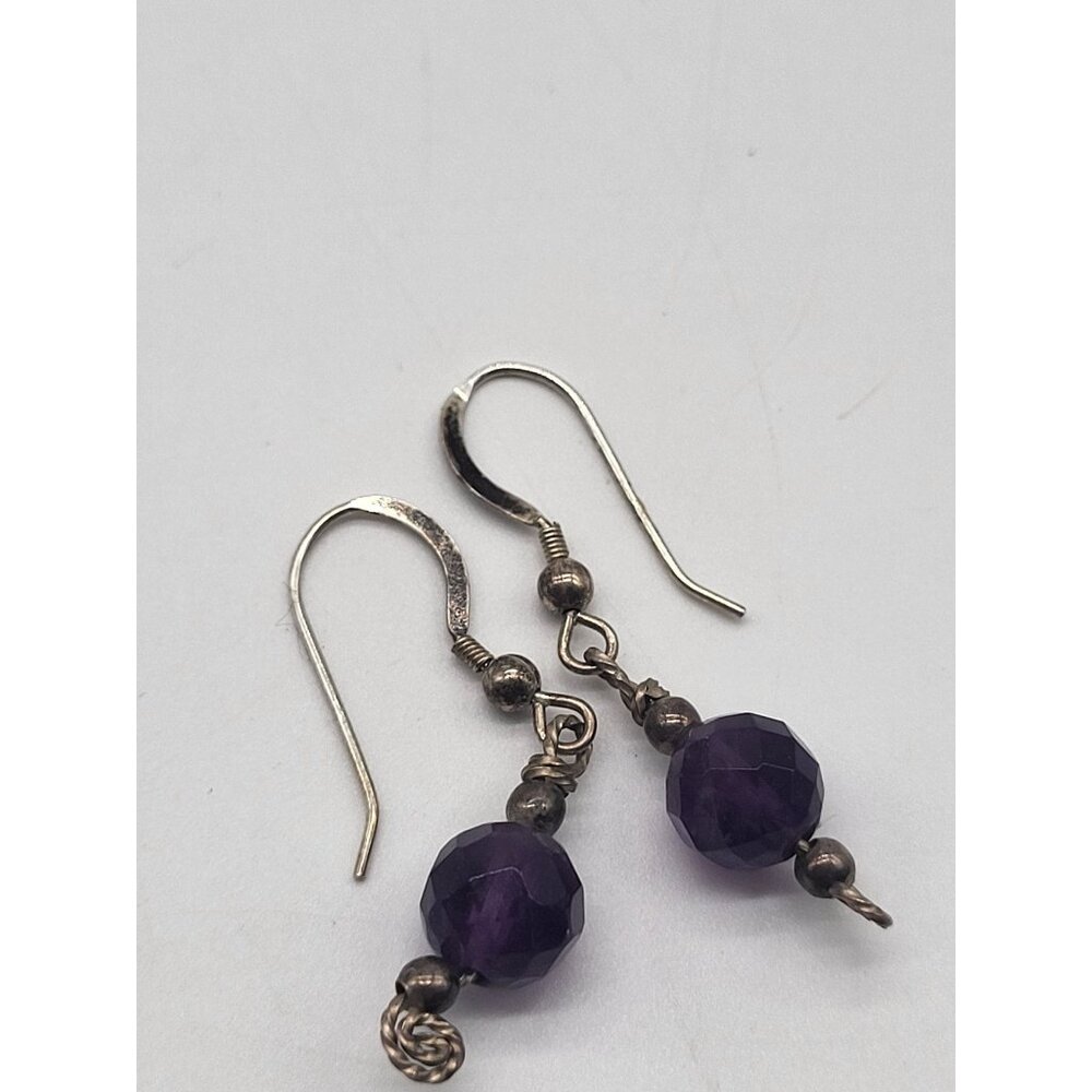 VTG 925 Sterling Silver and Amethyst Faceted Bead Dangle Drop Earrings - Picture 2 of 8